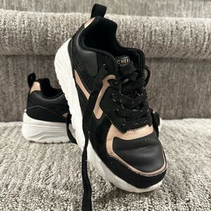 Skechers black/rose gold girls uno lite-metallic blast, size 13.5